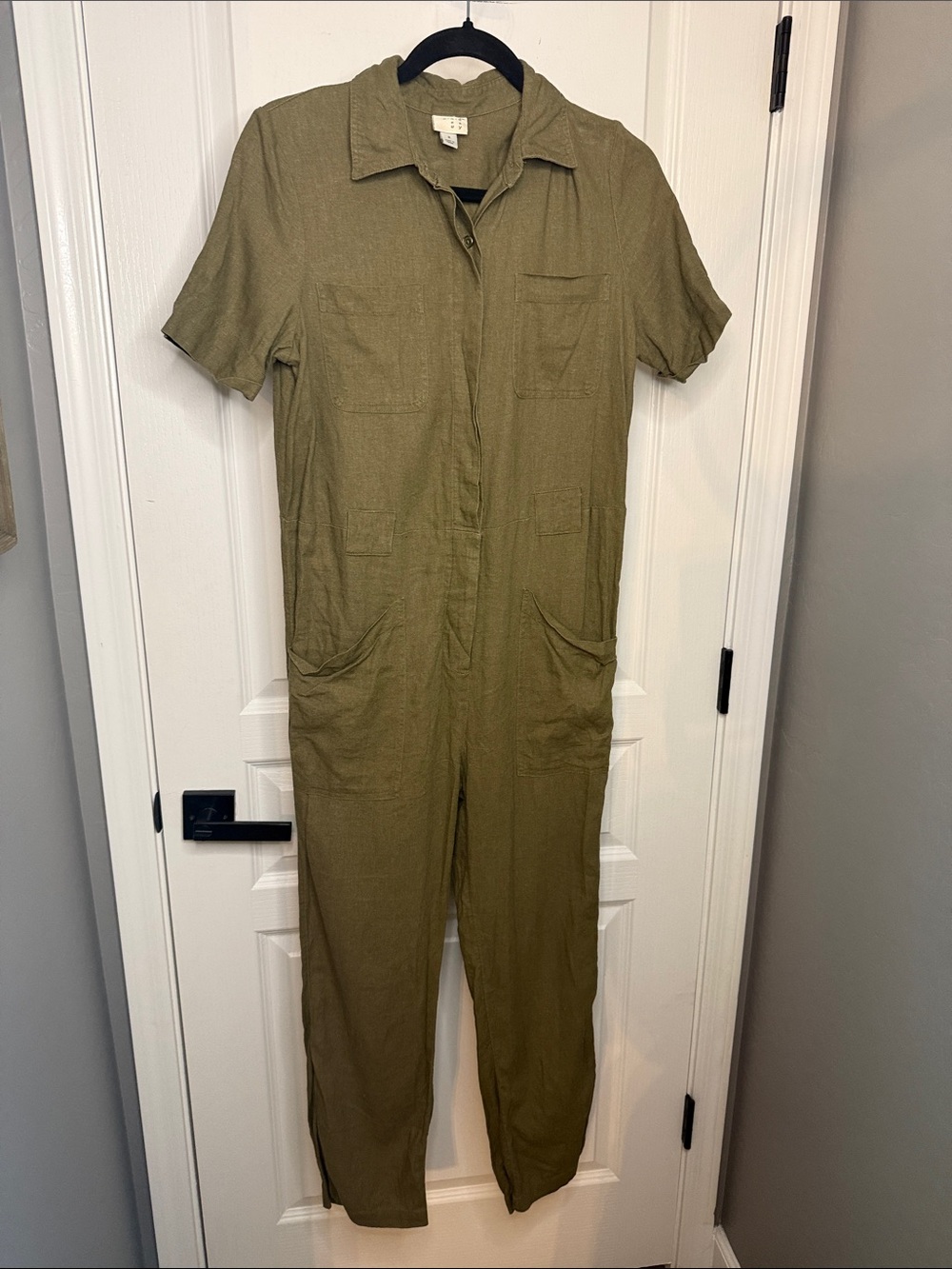 a new day Linen Blend Olive Short-Sleeve Utility Jumpsuit Romper